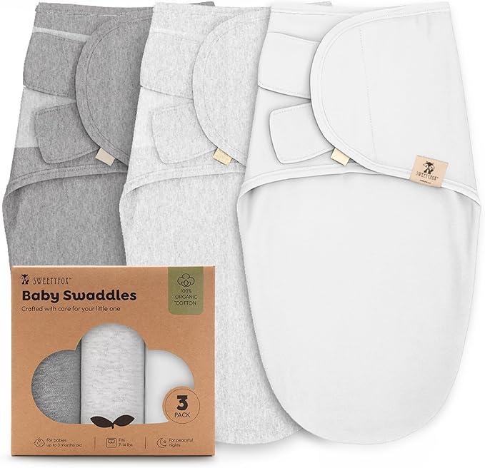 Sweety Fox 3-Pack Organic Baby Swaddles - Swaddles for Newborns, Infant 0-3 Months, Baby Girls, Boys, Soft & Snug Newborn Nursery Swaddling Blankets (Mist)