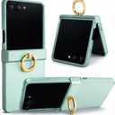 Genuine Leather Case for Samsung Galaxy Z Flip 7, Military-Grade Drop Protection, Hinge Protection Cover with Ring Kickstand, Color-Matched Trim (Mint)