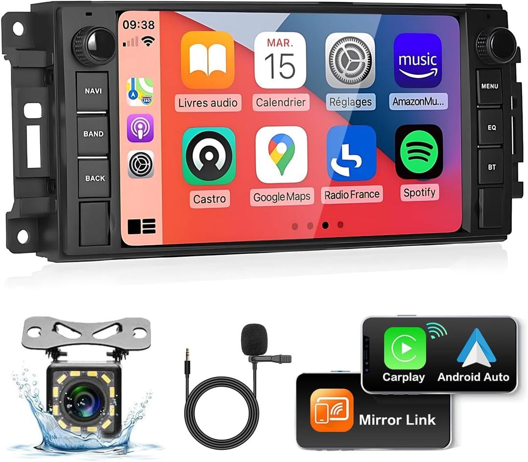 Car Stereo for Jeep Wrangler Dodge Chevrolet RAM 1500, Double Din Android Radio with Wireless Apple CarPlay, 7" Touchscreen Stereo with WiFi, GPS, RDS/FM Radio, Bluetooth + Backup Camera & Mic