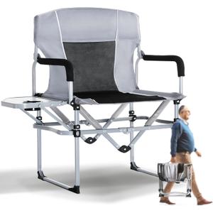 SHALLWE Oversized Director Chairs No Assembly, Heavy Duty Folding Chair with Side Table for Camping, Fold Up Outdoor Lawn Chairs for Adults Light Grey