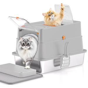 Stainless Steel Litter Box with Lid, XL Enclosed Cat Litter Box for Big Cats, Easy to Clean High Sided Metal Kitty, Front & Top Entry, Scoop, Mat& Foot Pedal - Grey