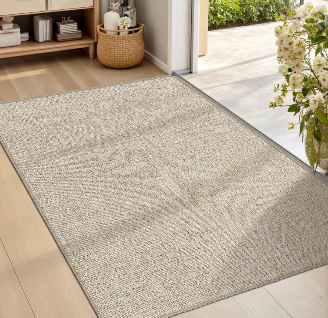 Ultra Thin Indoor Door Mat "60×83", Low-Profile Door Mat Indoor Entrance, Non Slip Rubber Backing Inside Doormat Washable Welcome Front Entryway Dirt Trapper Entry Mat, Khaki