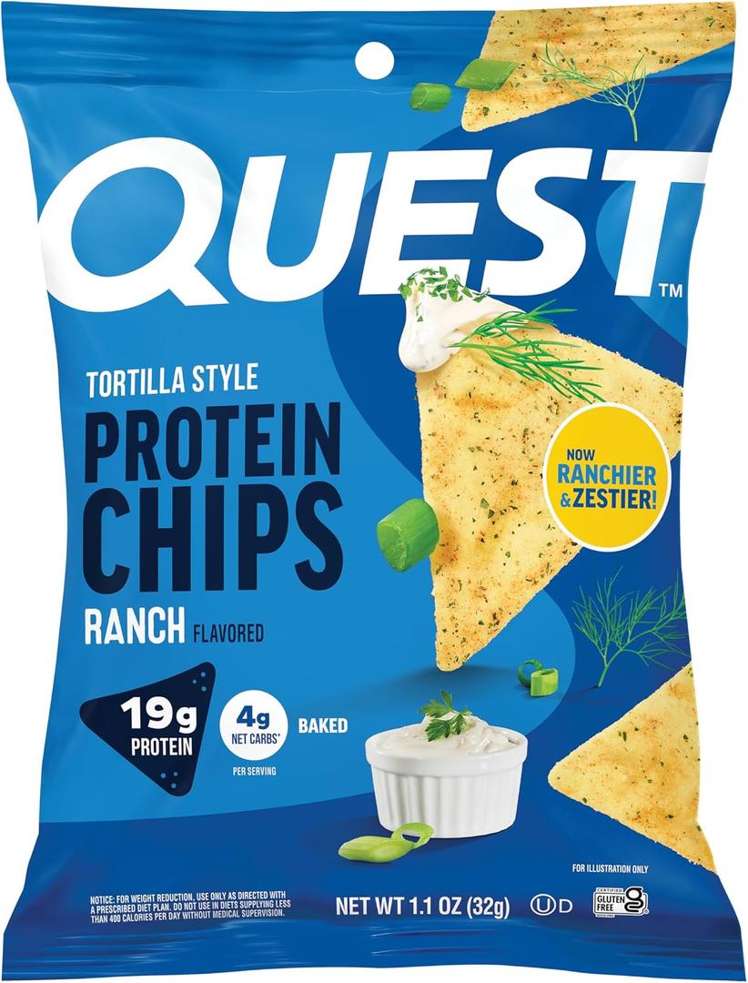 Quest Nutrition Ranch Tortilla Style Protein Chips, 19g Protein, 4g Net Carb, High Protein, Low Carb, Gluten Free, 1.1 Ounce (Pack of 12) (EXP 04/20/27)