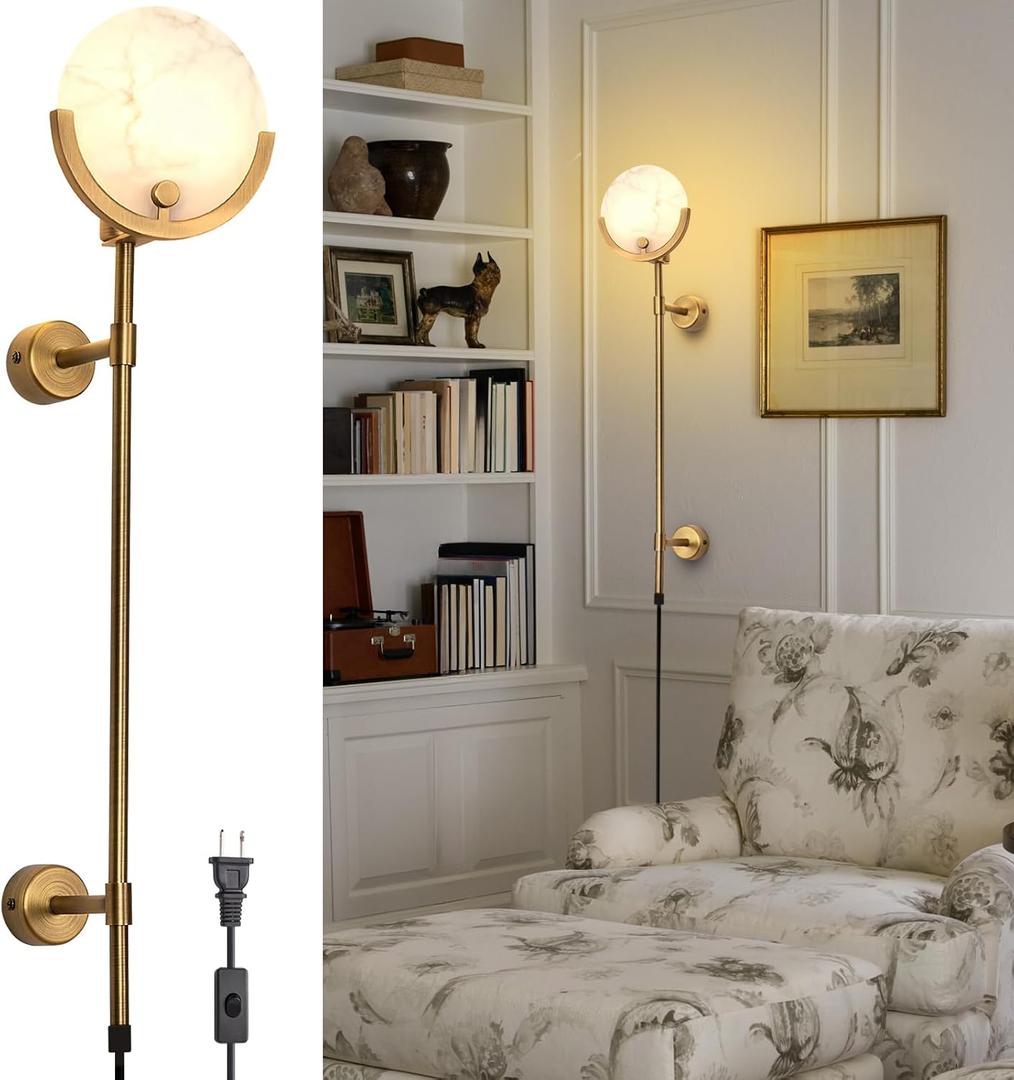 Alabaster Round Wall Sconce, Plug in Wall Light Fixtures, Modern Natural Marble LED Alabaster Sconces for Living Room Indoor Wall Lamps for Dining Room Stairs Bedroom,Brushed Gold E12, 1 Pack
