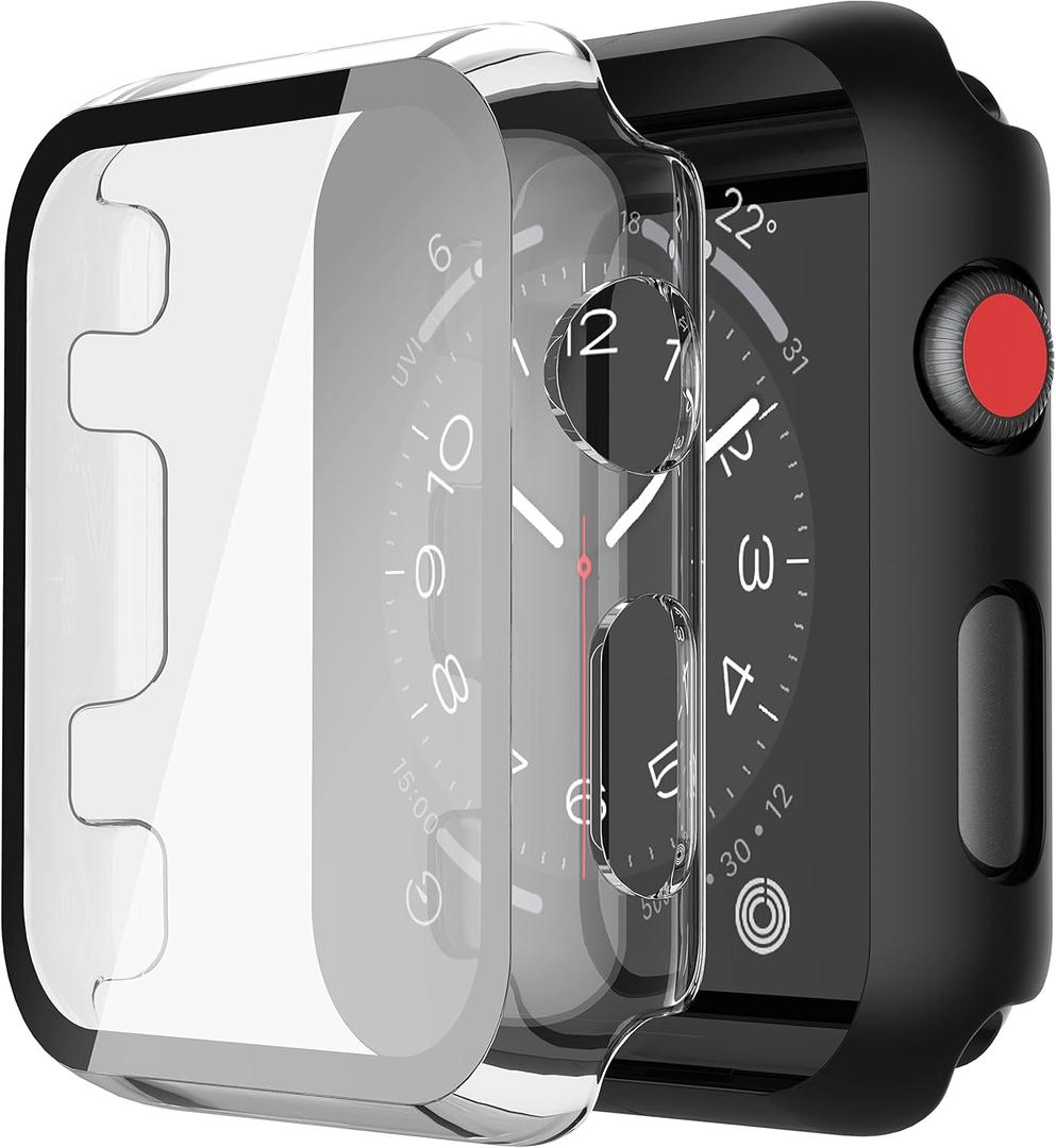 Misxi 2 Pack PC Case with Tempered Glass Screen Protector Compatible with Apple Watch Series 3 Series 2 38mm, HD Overall Shockproof Protective Cover for iWatch, 1 Black + 1 Transparent