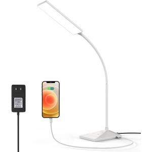 MONGERY LED Desk Lamp, Eye-Caring Table Lamps with USB Charging Port, 7 Brightness Levels & 5 Color Modes, Touch Control and Memory Function, 7W Flexible Gooseneck Reading Lamp for Home Office, White