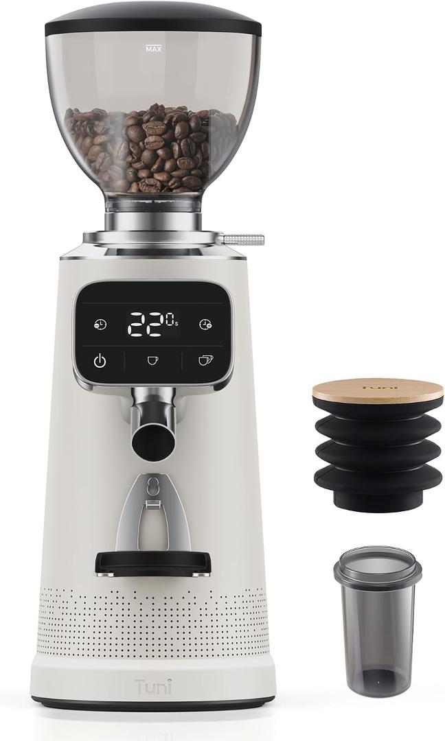 Tuni G3 64mm Flat Burr Coffee Grinder, 100 Grind Settings Electric Espresso Grinder with Single Dose Set | Commercial Grade Precision, Touchscreen | Anti-Static Tech | Stainless Steel (Ivory)