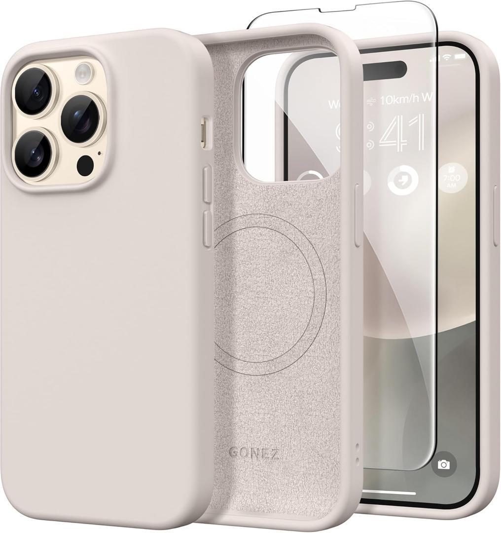 GONEZ Magnetic for iPhone 14 Pro Case, [Compatible with MagSafe] Anti-Scratch Microfiber Lining & Screen Protector, Shockproof Slim Phone Silicone Cover 6.1 inch, Stone
