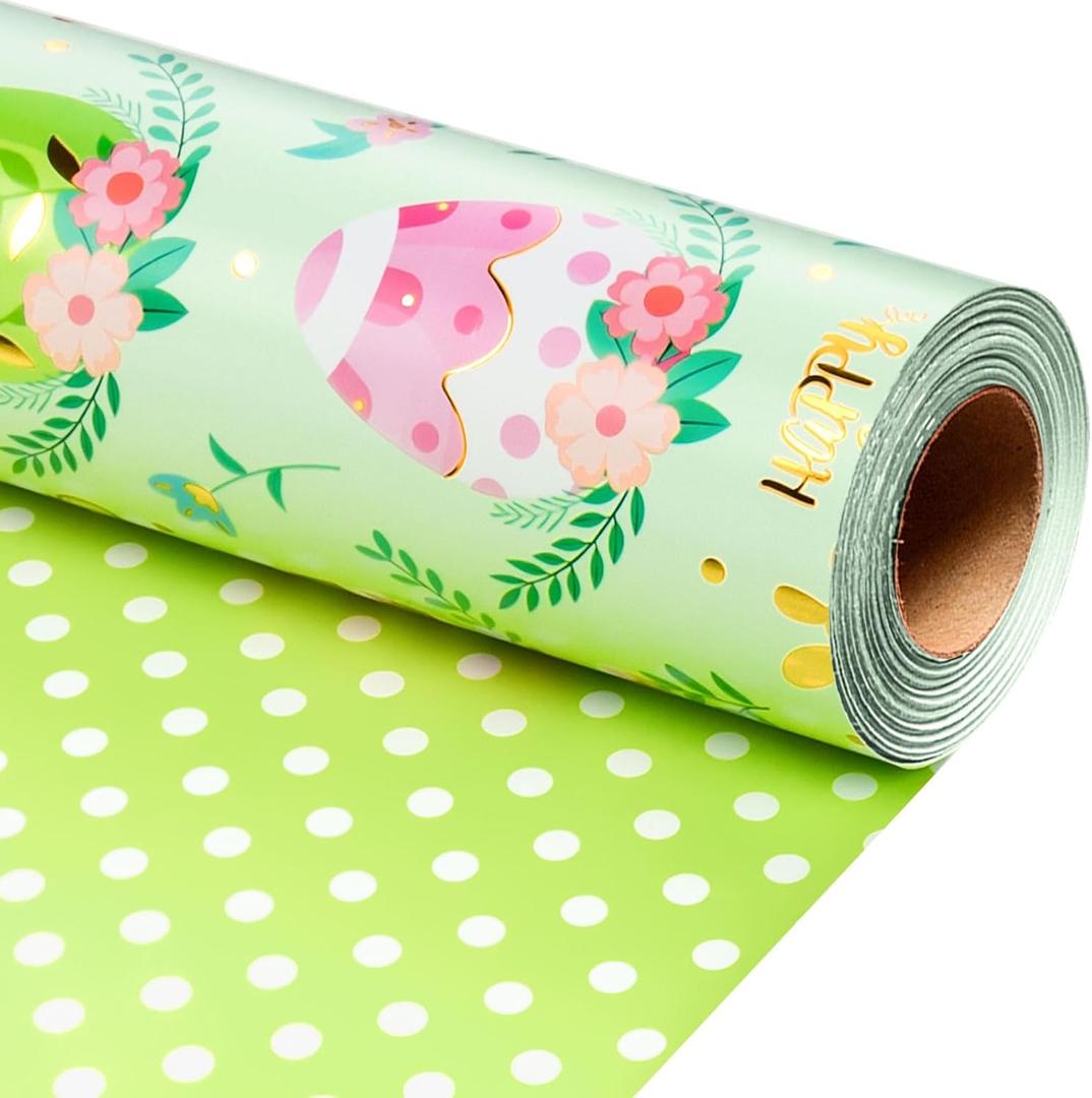 MAYPLUSS Easter Wrapping Paper Roll, Floral Easter Gift Wrapping Paper Featuring Gold Egg Reversible Polka Dot for Kids Girls Boys