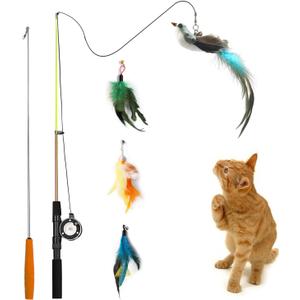 Trumoon Retractable Cat Teaser Wand Toy, Cat Toys for Indoor Outdoor Cats Interactive Fishing Rod with 4 PCS Refills Feather Toy, Interactive Bird Toys for Indoor Kittens