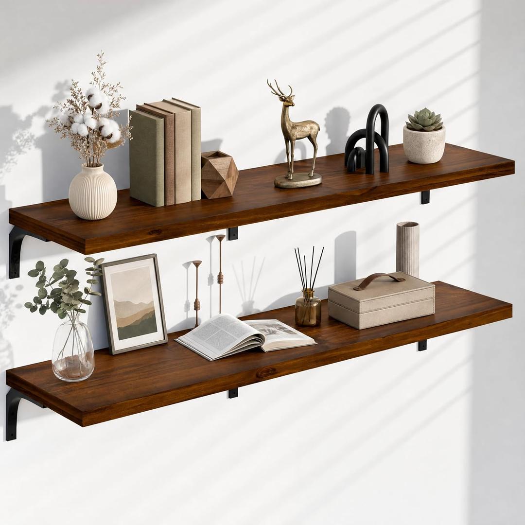 12 Inch Deep Floating Shelves Set of 2, 60 Inch Extra Wide Solid Wood Wall Shelves, 5ft Heavy Duty Wall Mounted Bookshelf with 100 lbs Capacity for Kitchen, Living Room & Bedroom