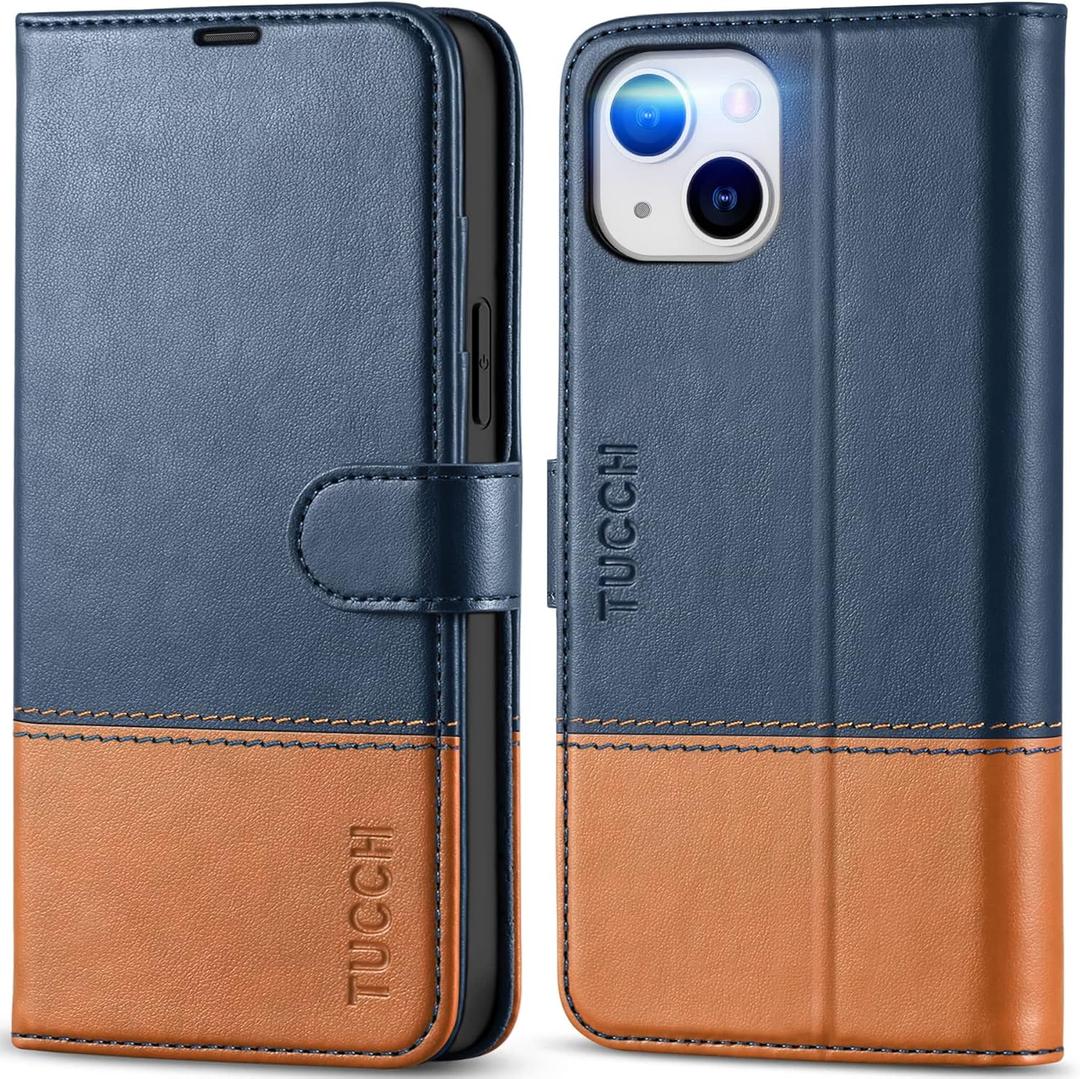 TUCCH Wallet Case for iPhone 14 Plus, [RFID Blocking] [4 Card Slots] TPU Interior Protective Case, Magnetic Folio Shockproof PU Leather Stand Flip Cover Compatible with iPhone 14 Plus 6.7, Blue&Brown