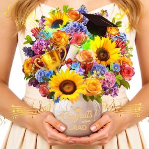 Pop Up Graduation Cards with Light & Music, 3D Flower Bouquet 2026 Graduation Greeting Card, Graduation Popup Card Gifts for High School & College Graduates, Congrats Grad Card for Him Her