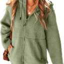 EVALESS Womens Fleece Jacket Long Sleeve Zip Up Sherpa Coats 2025 Fall Winter Trendy Fuzzy Hooded Jackets with Pockets (Medium, Green)