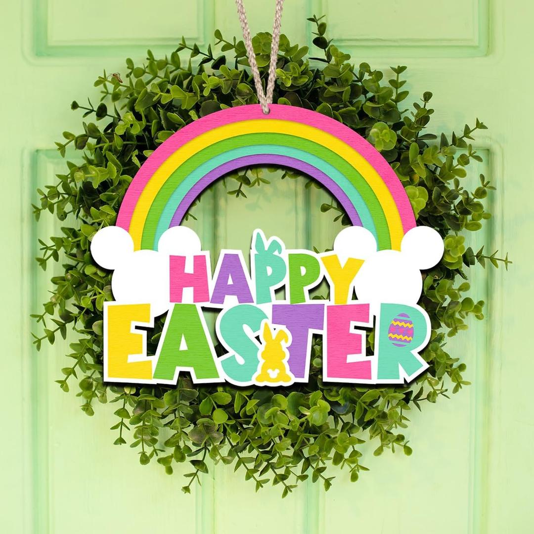 Easter Decorations Front Door Wooden Sign Happy Easter Hanging Decorations Mouse Bunny Woode Sign Welcome Hanging Sign for Spring Holiday Party Supplies