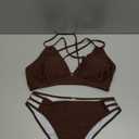 Fanuerg Women's Sexy V Neck Bikini Sets Hollow Out Two Piece Swimsuits Cutout Mid Waist Bathing Suit (Large, Brown)