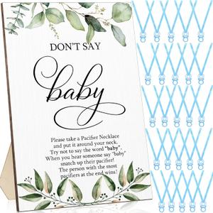 Geetery 51 Pcs Don't Say Baby Game Sign Greenery Cool Baby Shower Game 50 Pacifier Necklace Wooden Don't Say Sign Plastic Pacifier Party Favor for Gender Reveal(Greenery,Blue)