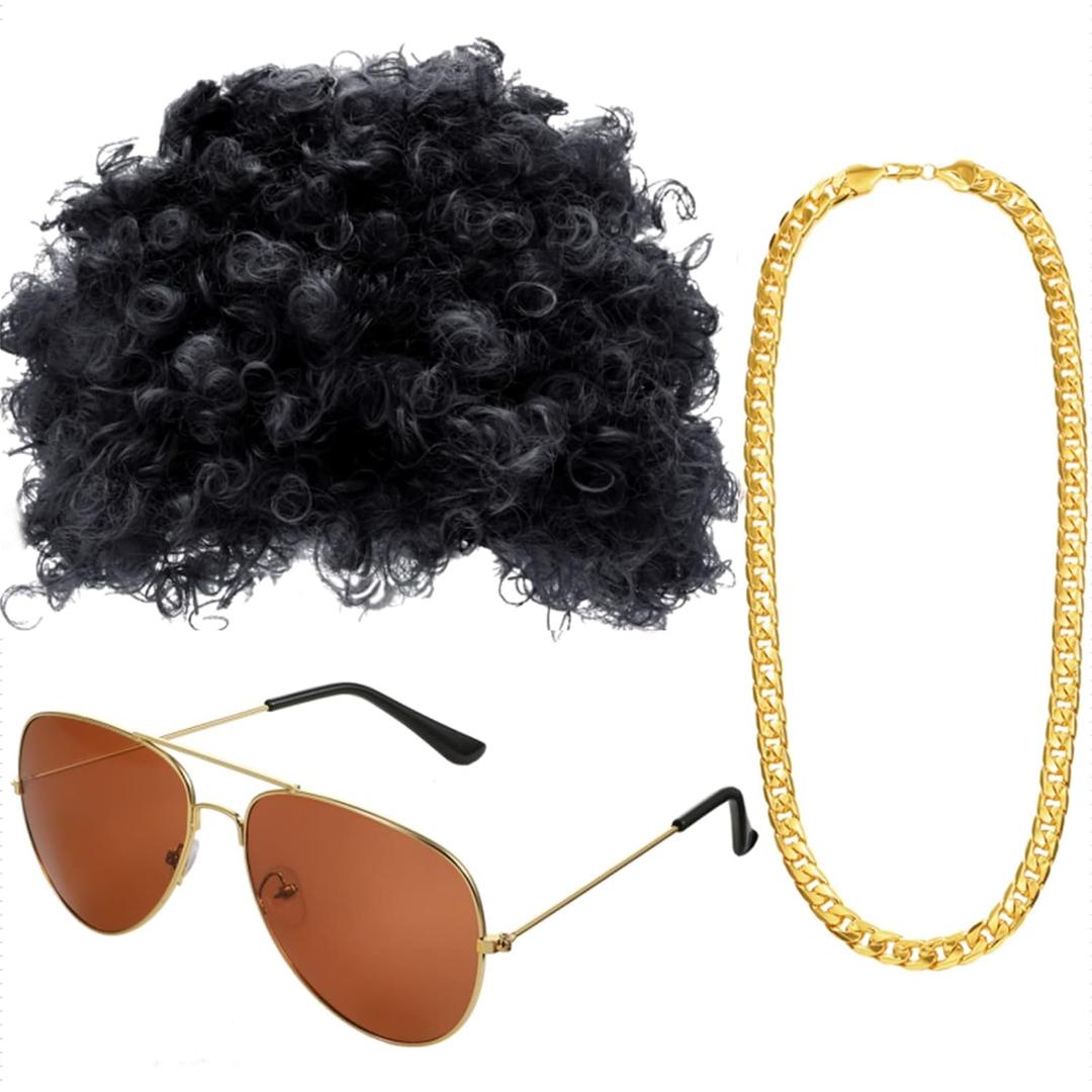Gejoy Hippie Disco Costume Men Set Disco Wig Afro Headgear Gold Celebrity Sunglasses Funky Faux Chain for 50/60/70s Party Accessories(Black Hair)