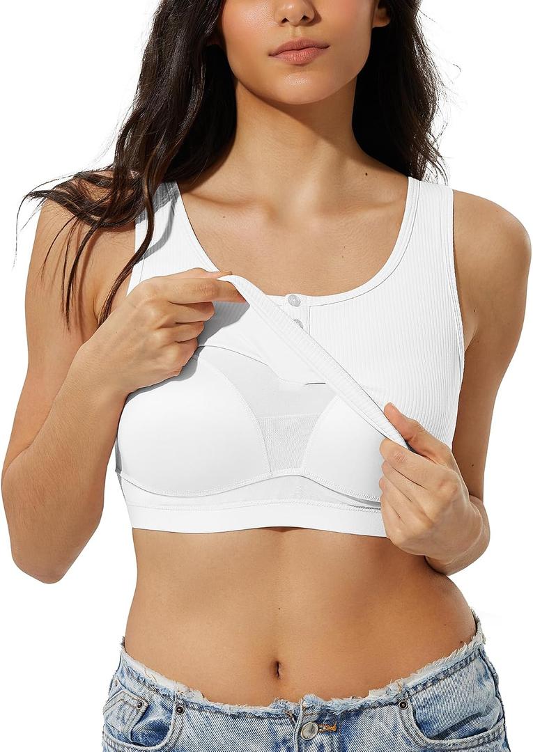 ZeroBound Built in Shelf Bra Crop Tank Tops for Women Scoop Neck Henley Button Sleeveless Shirts Casual Basic Tee Shirt Outfits Going Out (White, XL)
