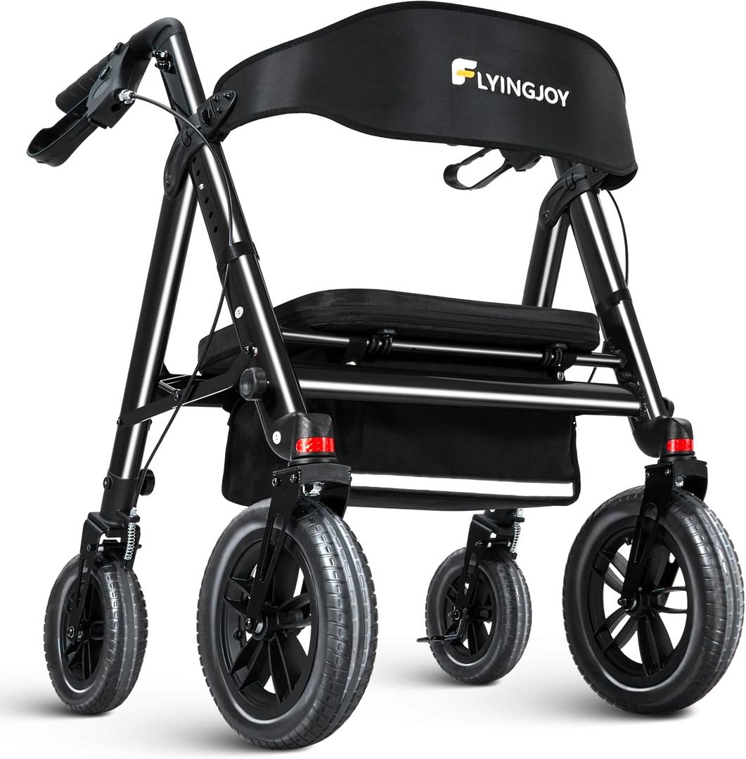 Rollator Walker with Seat,12" Front Wheels 10" Rear Rolling Walker, Extra-Wide Heavy-Duty Rollator Walker with Seat and Brakes for Seniors and Adults Bariatric with Large Aluminum (Black)