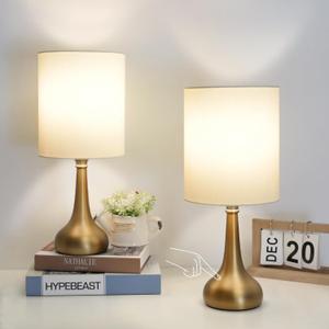 Set of 2 Bedside Touch Lamps, 16 Inch Dimmable Small Nightstand Lamp, Night Light Lamp Simple Touch Table Lamp with Brass Metal Base for Living Room Bedroom Office, A19 3000K Led Bulb Included