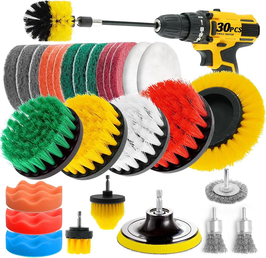 30 Piece Drill Brush Attachments Set, Scrub Pads & Sponge & Wire Brush for Drill, Power Scrubber Brush with Extend Long Attachment, Drill Scrubber Brush Kit for Bathroom, Floor, Car, Grout