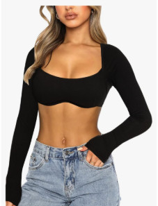 Navneet Women Long Sleeve Crop Tops Sexy Going Out Top Ribbed Corset Tops Square Neck Club Party Fall Tee Shirts.Size XS.