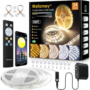 White LED Strip Lights, 100ft Dimmable Bright 24V Led Tape Light with Remote and App Control, 2700K-6500K White 1440 LEDs Lights for Bedroom, Kitchen, Ceiling (1 Rolls of 100ft)
