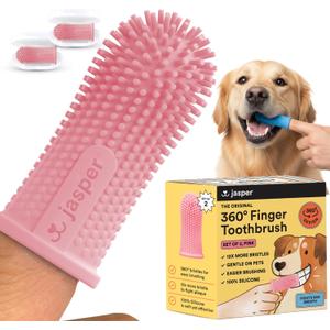 Jasper Dog Toothbrush, 360 Degree Pet Tooth Brushing Kit, Cat Toothbrush, Canine Dental Care & Teeth Cleaning Kit, Pet Finger Tooth Brush, Use with Dog Toothpaste, 2-Pack Pink