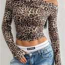Floerns Women's Leopard Print Asymmetrical Neck Crop Tops Ruched Long Sleeve Tee Shirts (L)
