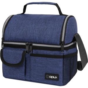 OPUX Lunch Box for Men, Adult Lunch Box Cooler, Insulated Lunch Bag Women, Dual Compartment Lunchbox for Work, Leakproof Double Decker Lunch Bag, Soft Lunch Pail Tote Boys Girls Kids School, Navy Blue