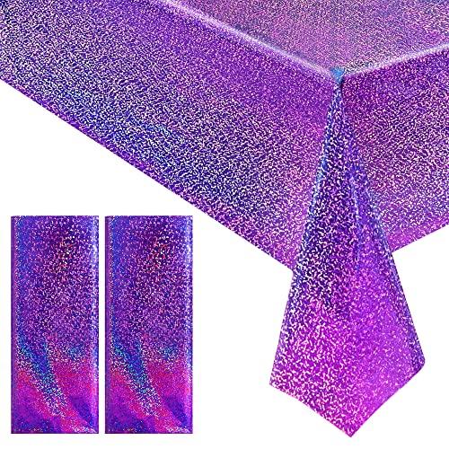 Just Shimmer 2 pcs Purple Holographic Plastic Tablecloths Laser Table Covers 40" x 108" Foil Disposable Table Cloths for Party Birthday Wedding Christmas Holiday Party Decorations