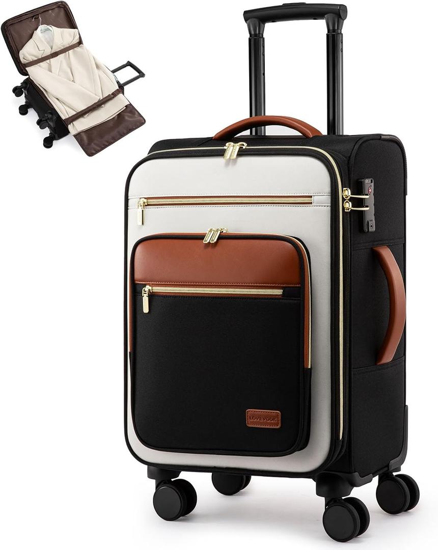 LOVEVOOK Carry on Suitcase 22x14x9 Airline Approved,20 inch Lightweight Waterproof Suitcases with 360 silent swivel wheels, TSA Lock and Compartment, Large Capacity travel Suitcase Black-White-brown, 20 inch with garment compartment