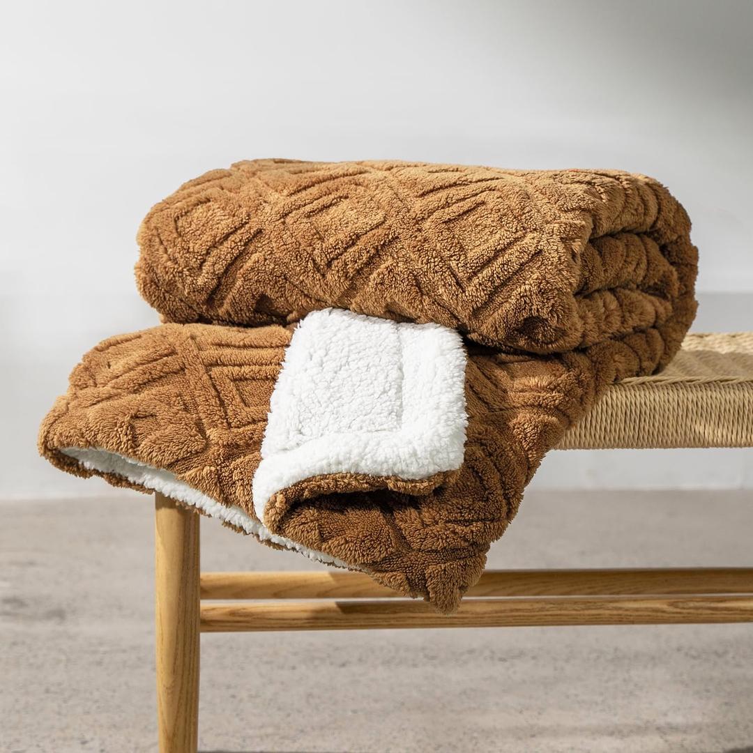 EVERGRACE Jacquard Boho Sherpa Fleece Throw Blanket for Couch, Super Soft Cozy Fuzzy Plush Blankets for All Seasons, Reversible Thick Warm Blanket for Bed, Sofa, Living Room, Burnt Orange, 60" x 80"
