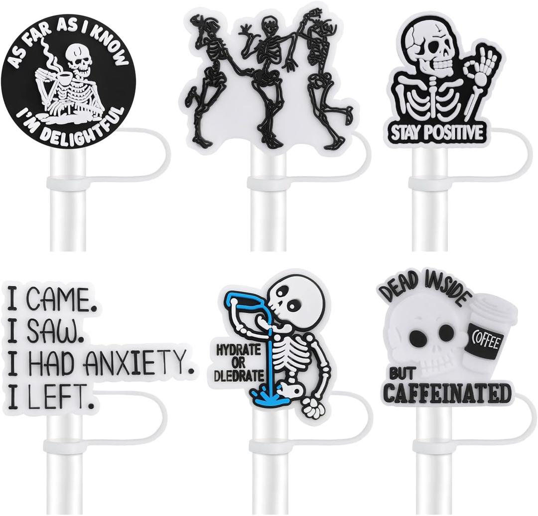6Pcs Straw Cover for Stanley Cups, 10mm Leak-Proof Straw Caps - Reusable Topper Accessories Compatible with Stanley Tumblers & 10mm Silicone Straws.(Skull) (Style 8)