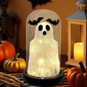 DAZONGE Halloween Decorations Indoor, Lighted Ghost in Glass Dome Cloche, Cute Spooky Halloween Ghost Decor for Tabletop Mantel Display