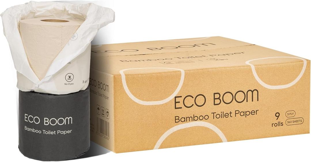ECO BOOM Unbleached Bamboo Toilet Paper, 100% Tree-Free & Plastic-Free, 3-Ply Strong, FSC Certified, Unscented, 9 Rolls, 360 Sheets | PFAS Free, BPA Free & Septic Safe