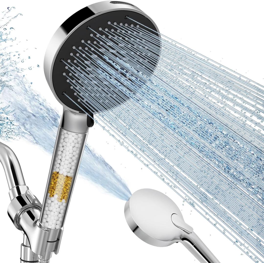 SR SUN RISE NSF Certified Filtered Shower Head with Handheld for Hard Water to Remove Chlorine High Pressure 9-Spray Setting (with Power Wash) Anti-Clog Nozzles (1 Filter, Chrome Silver)