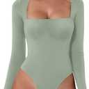 QINSEN Women's Sexy Square Neck Bodysuit Long Sleeve Double Lined Shirt Tops (Large, Smoke Green)