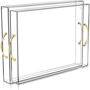 Acrylic Serving Tray with Gold Handles 2 Pcs, Clear Acrylic Tray for Coffee Table Countertop Serving Food, Large Capacity, 16"x12" & 15.2"x11.2"