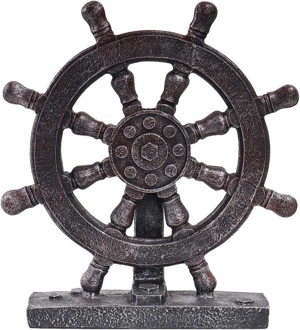 Ship Steering Wheel Boat Sculpture Decor Nautical Rudder Figurine Resin Handicraft Statue Model for Bookshelf Desktop Ornaments Home Decoration (Reddish Brown)