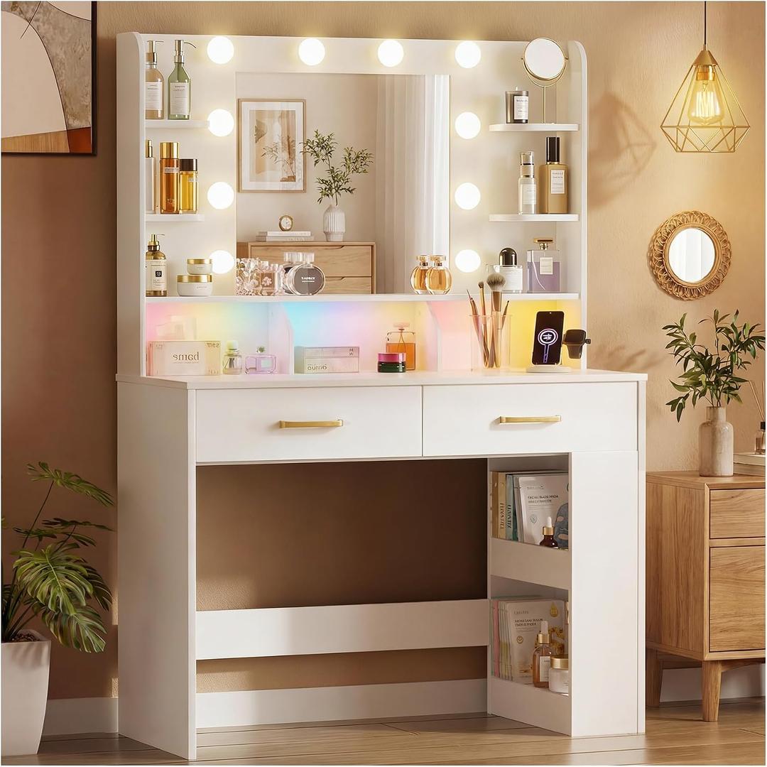 LUCKRACER Vanity Desk with LED Lights Mirror & Charging Station, Makeup Vanity with Storage Drawers and Shelves, Modern Dressing Table for Women Girls Bedroom, Ivory White, Size: 2 Drawers