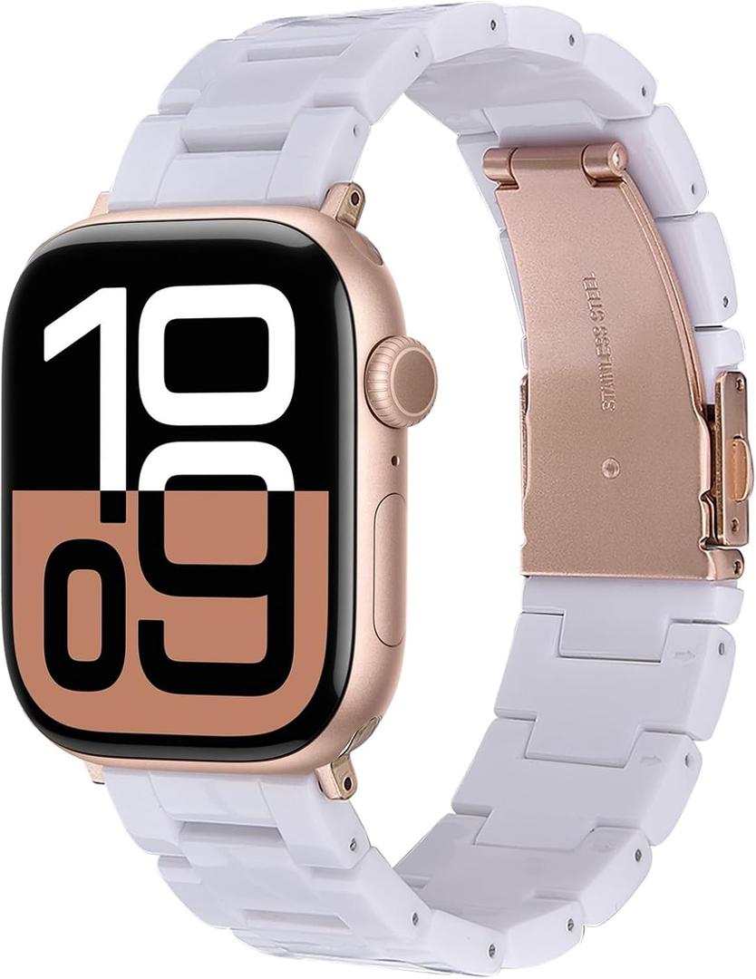 V-MORO Resin Band Compatible with Apple Watch Bands Series 10/9/8/7 41mm 42mm 40mm 38mm Fashion Lightweight Bracelet Strap Replacement for iWatch 6/5/4/3/2/1/SE Women Men(White-tone)