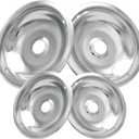 W10196405 W10196406 Stove Burner Drip Pans for Electric Stove Top-Compatible with Whirlpool Electric Range-Thickening to Prevent Bent-Set of 4 Chrome Drip Pans, Silver