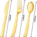 KIRE 400PCS Gold Plastic Silverware - Extra Heavy Duty Hammered Silverware Disposable Set, Gold Utensils Set Include 200 Forks,100 Knives,100 Spoons for Party/Wedding/Father's Day