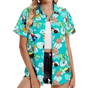 Women's Hawaiian Shirts Soft Cool Hawaiian Outfits Tropical Botanical Print Beach Vacation Clothes Summer Tops Button Up (L)