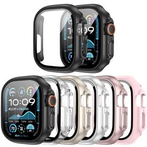 JERXUN Case for Apple Watch Ultra 3/2/1 Screen Protector With Tempered Glass Protective Film Hard PC Bumper Cover for iWatch Ultra & Ultra 3 49mm Accessories, Black/Clear/Starlight/Silver/Blue/Green
