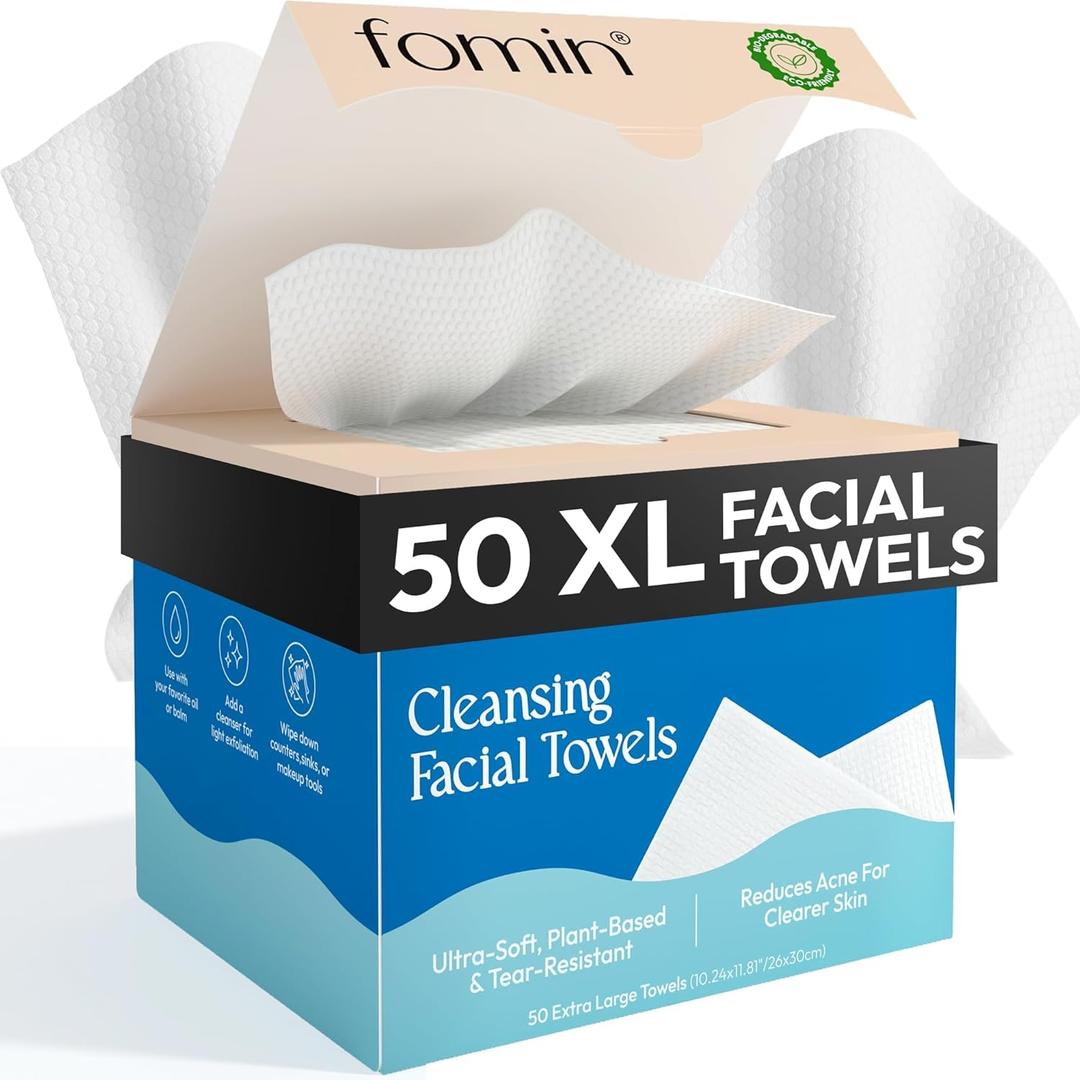 FOMIN Disposable Face Towels - 50 Count XL Biodegradable Facial Towelettes | Plant-Based, Tear-Resistant XL Face Cloths - Ultra-Soft Makeup Remover Towelettes for Clearer Skin - Biodegradable