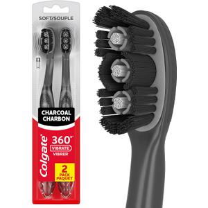 Colgate 360 Vibrate Charcoal Battery Operated Toothbrush Pack, Soft with 1 AAA Battery Included, Black, 2 Count