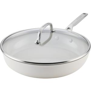 KitchenAid Hard Anodized Ceramic Induction Nonstick Cookware Frying Pan/Skillet with Lid, Dishwasher Safe, 12.25 Inch Non Stick Fry Pan with Stainless Steel Handle - Porcelain White